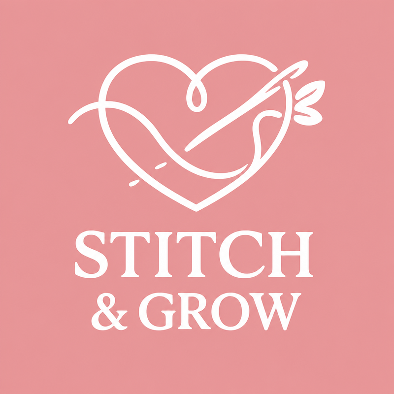 A pink square graphic with a white outlined heart, a stylized sewing needle, and the words 'STITCH & GROW' in white serif text.