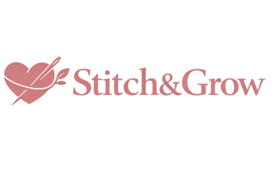 The logo for Stitch & Grow, featuring a pink heart with a sewing needle and thread design, next to the brand name in pink serif text, centered on a light cream background.