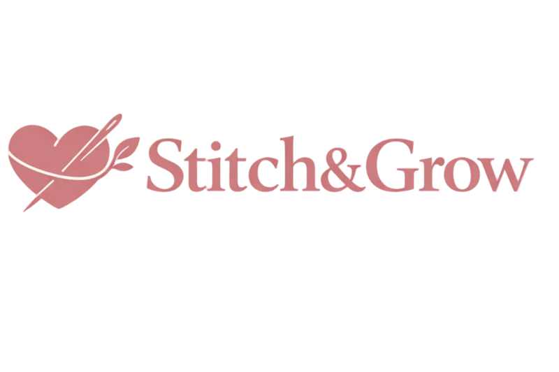 The logo for Stitch & Grow, featuring a pink heart with a sewing needle and thread design, next to the brand name in pink serif text, centered on a light cream background.