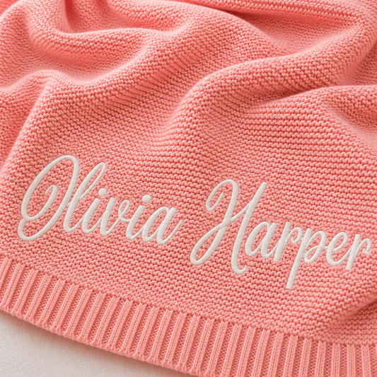 Coral personalized blanket with cream Olivia Harper embroidery